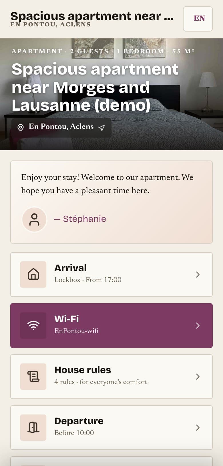 A second padway demo guide on a phone, with a different layout and colour: check-in, wifi, house rules and check-out.