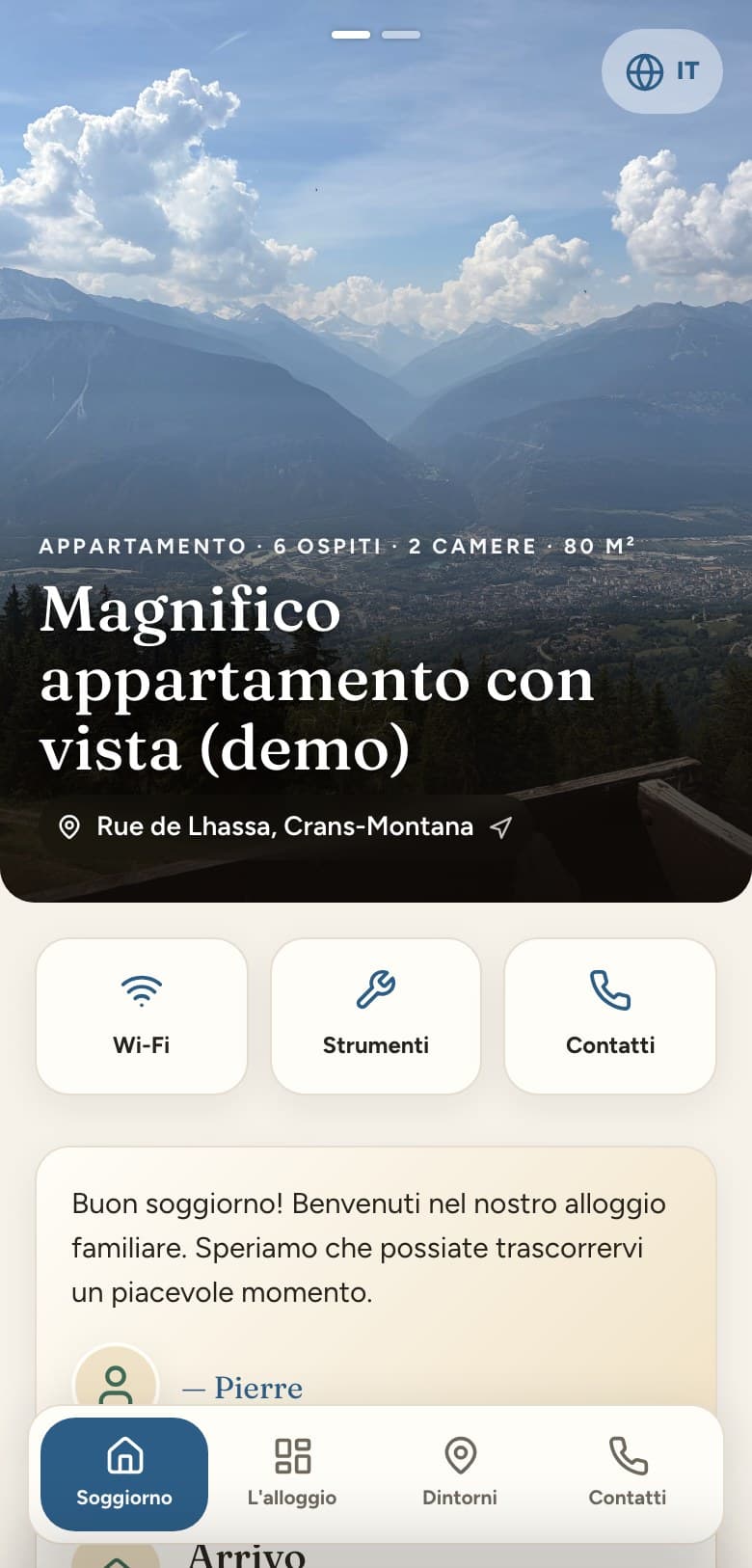 La guida dimostrativa padway aperta su un telefono: foto dell’alloggio, indirizzo, poi le scorciatoie verso wifi, strumenti e contatto.