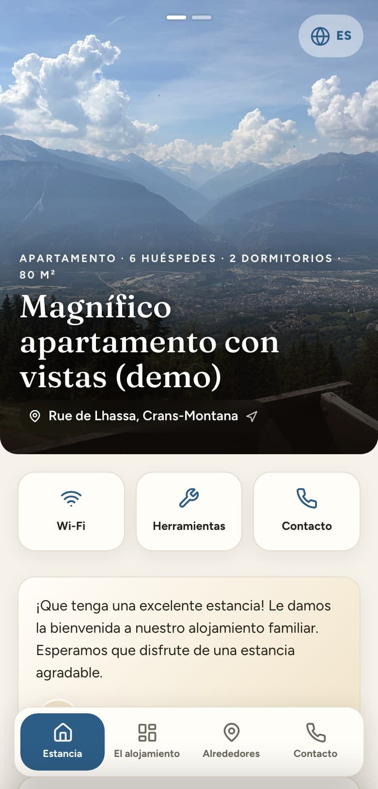 La guía de demostración de padway abierta en un teléfono: foto del alojamiento, dirección y los accesos directos al wifi, las herramientas y el contacto.